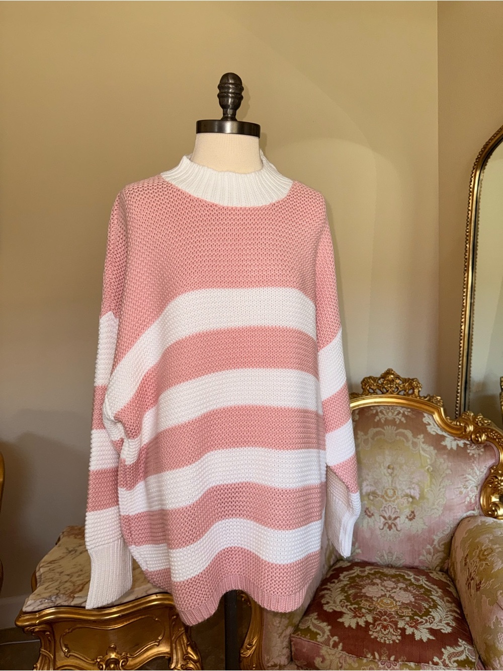 Women's Pink and White Striped Turtleneck Sweater - Cozy Oversized Pullover